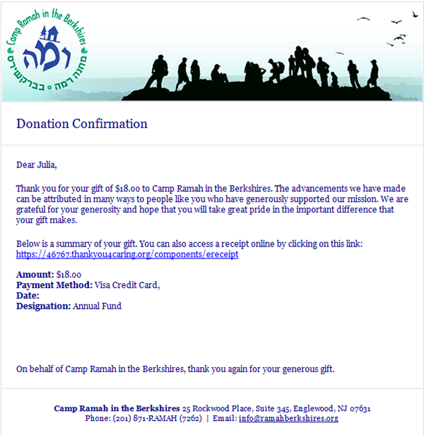 camp ramah donation confirmation